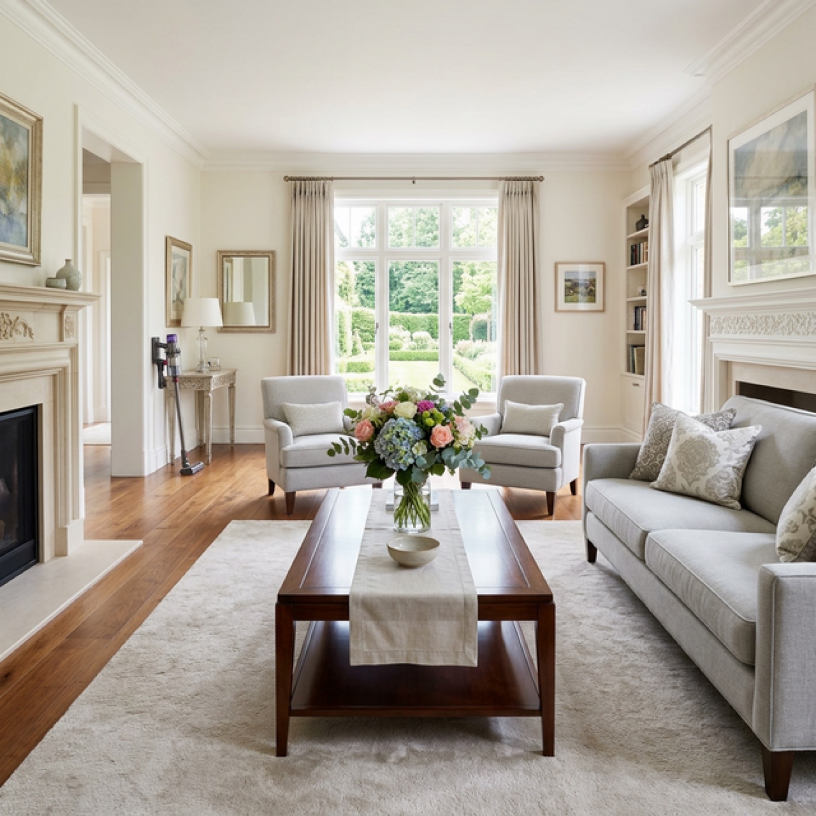 Clean Scandinavian living room with a gray sofa and light wood coffee table