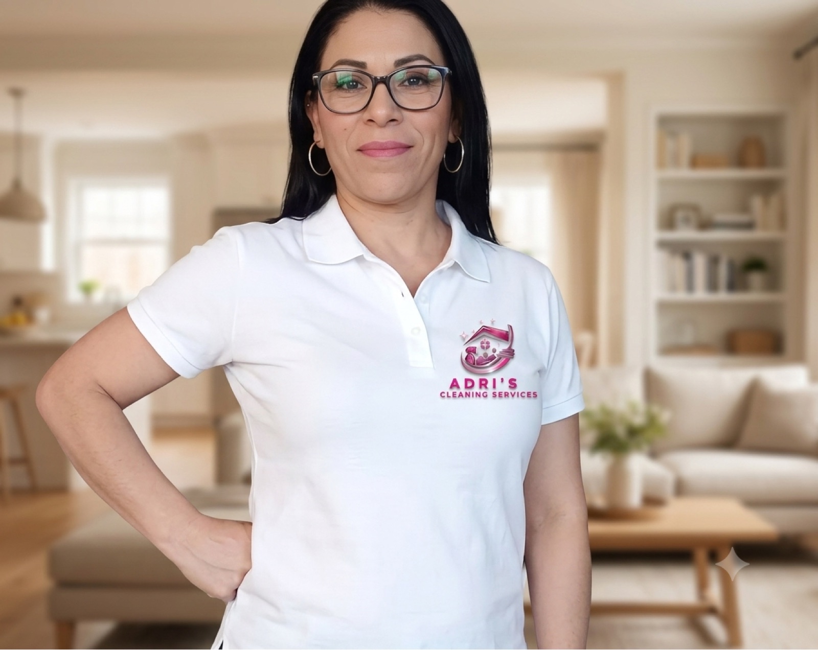 Adri, con uniforme y producto de limpieza